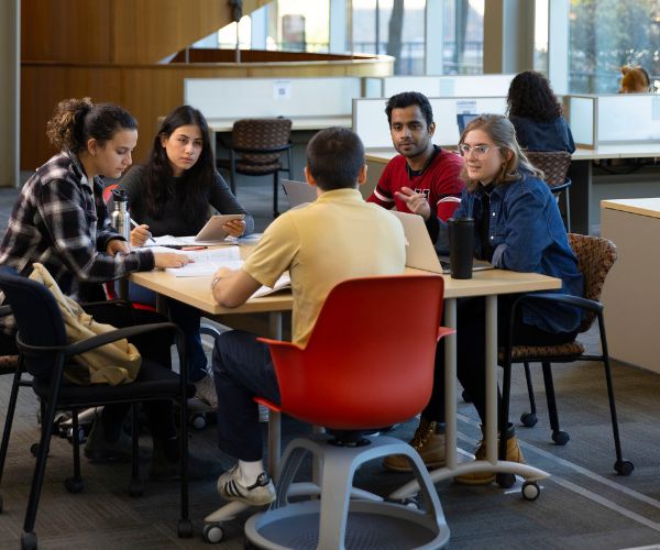 Students working at a table in the library.