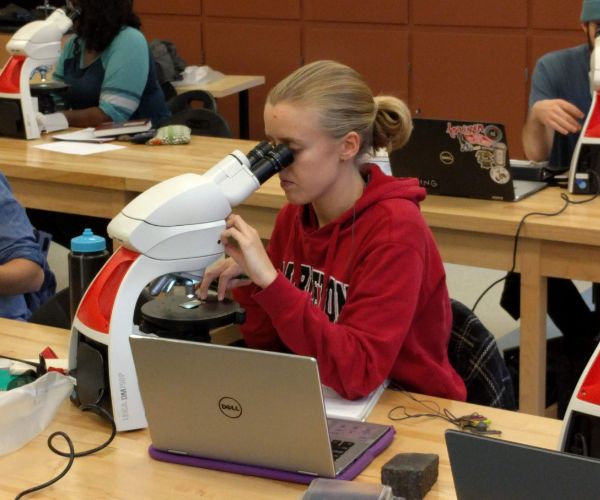 Student looking through a microscope in an Earth Sciences lab.