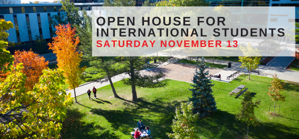 Birds eye view of the academic quad in autumn with students walking and at picnic tables. Text overlay - Open House for International Students - Saturday, November 13