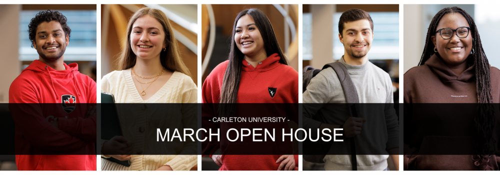 Picture of students with a banner that reads Carleton University, March Open House
