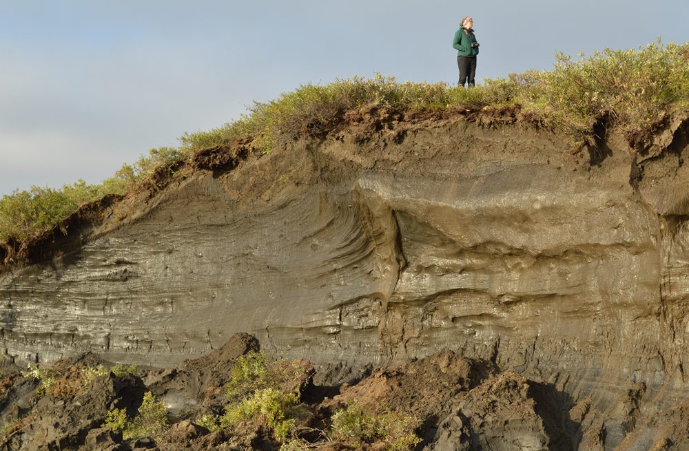 Student stands atop a large hillside.