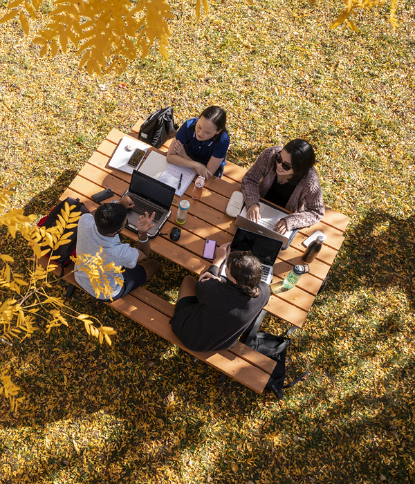 Four students working at a picnic table in the Academic Quad.